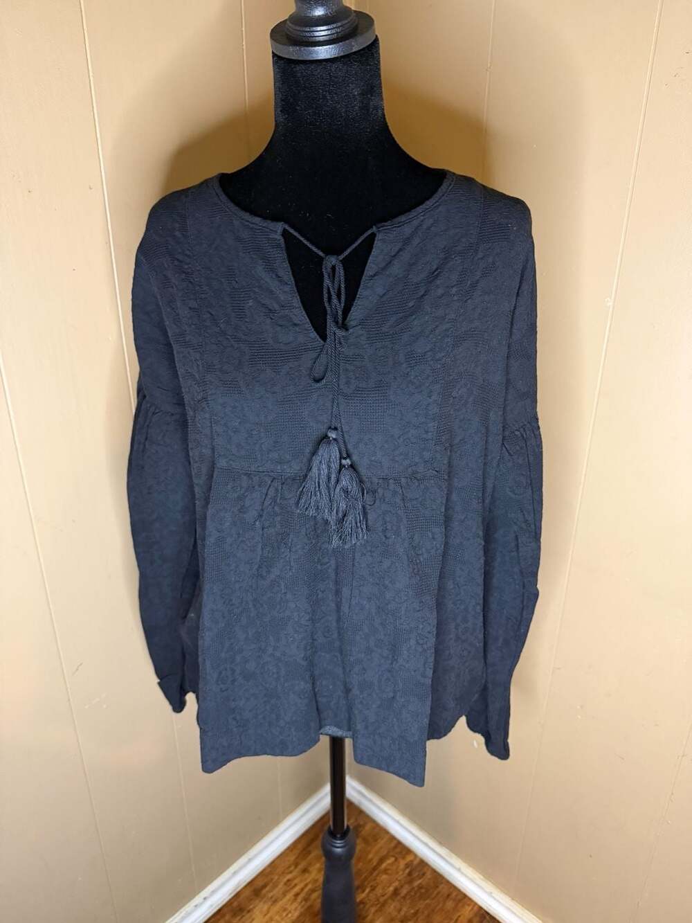 Mododoc Black Textured Tonal Jaquard Peasant Blouse with Tassels Style 449-93602